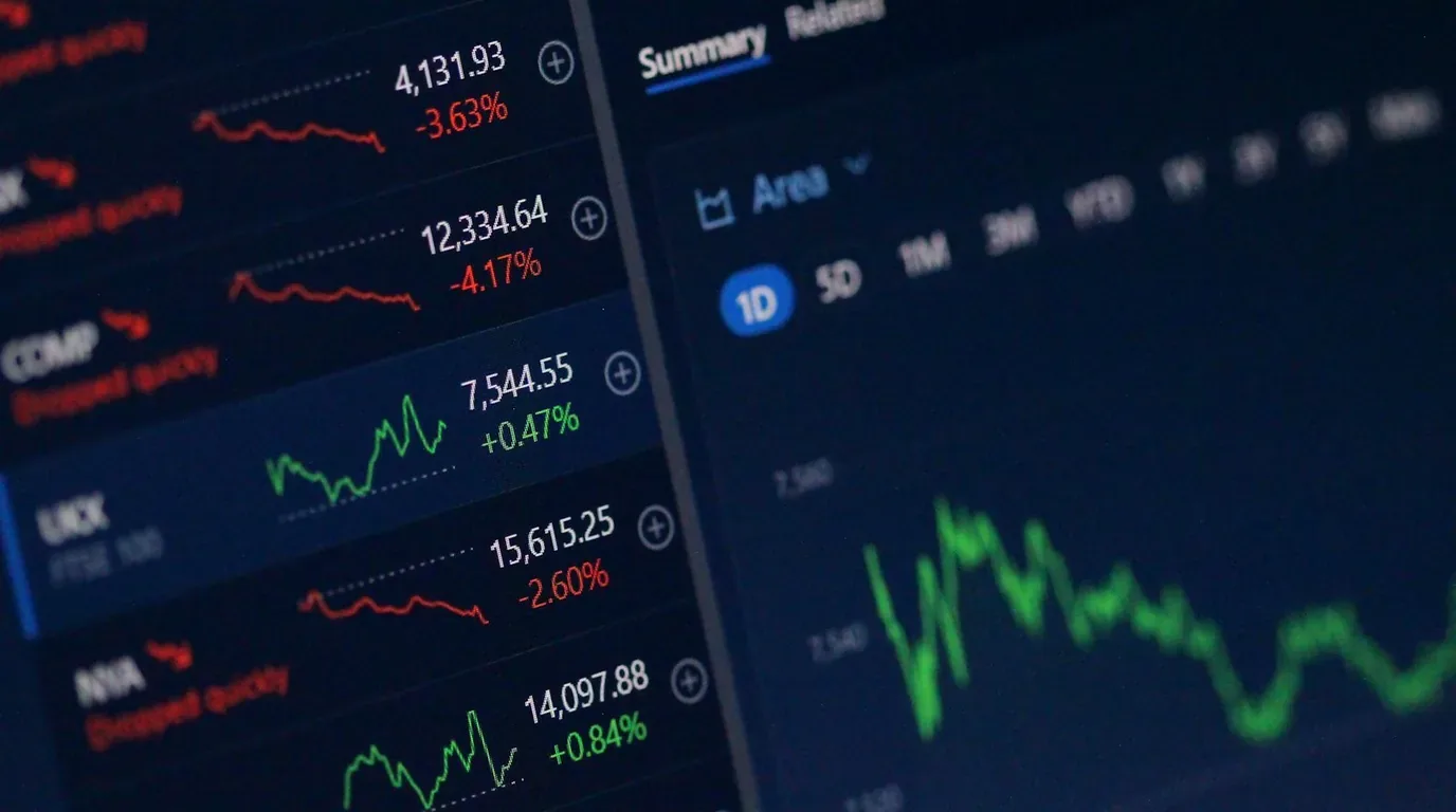A market-data dashboard: a watchlist of index tickers with daily moves in red and green, beside a larger area chart.