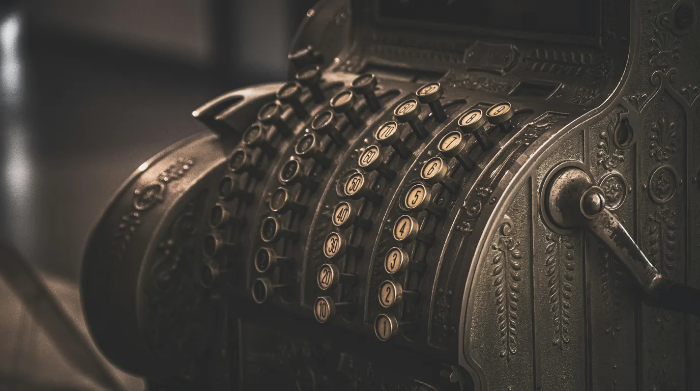 Antique cast-metal cash register in close-up, its curved rows of numbered keys and side crank lit in sepia tones.