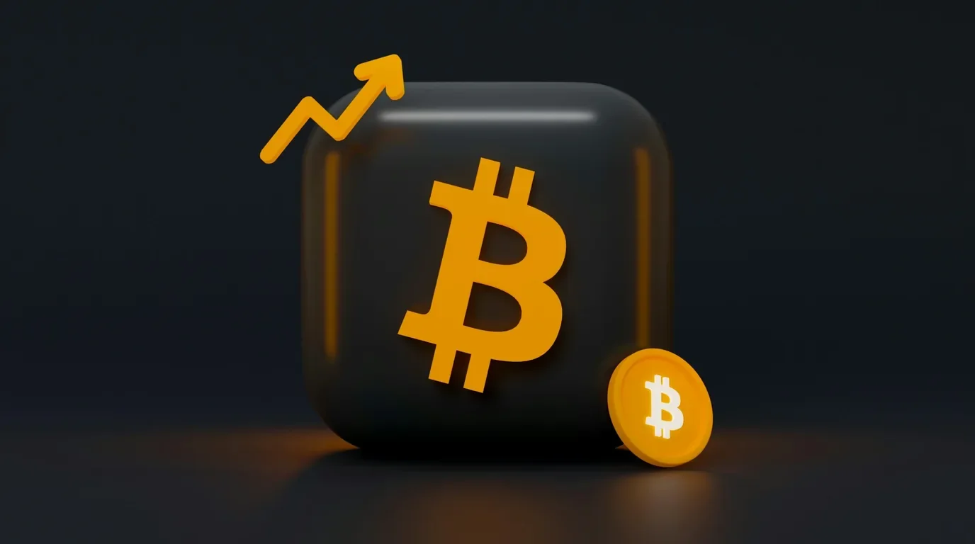 A three-dimensional Bitcoin symbol on a dark tile with a coin leaning against it and a rising arrow behind.