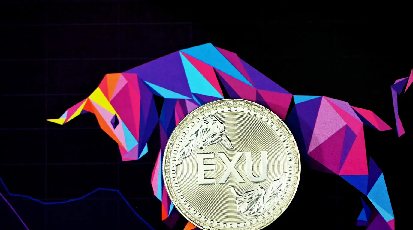 A silver coin resting over a bright low-polygon bull graphic in pink, purple and blue on a black screen.