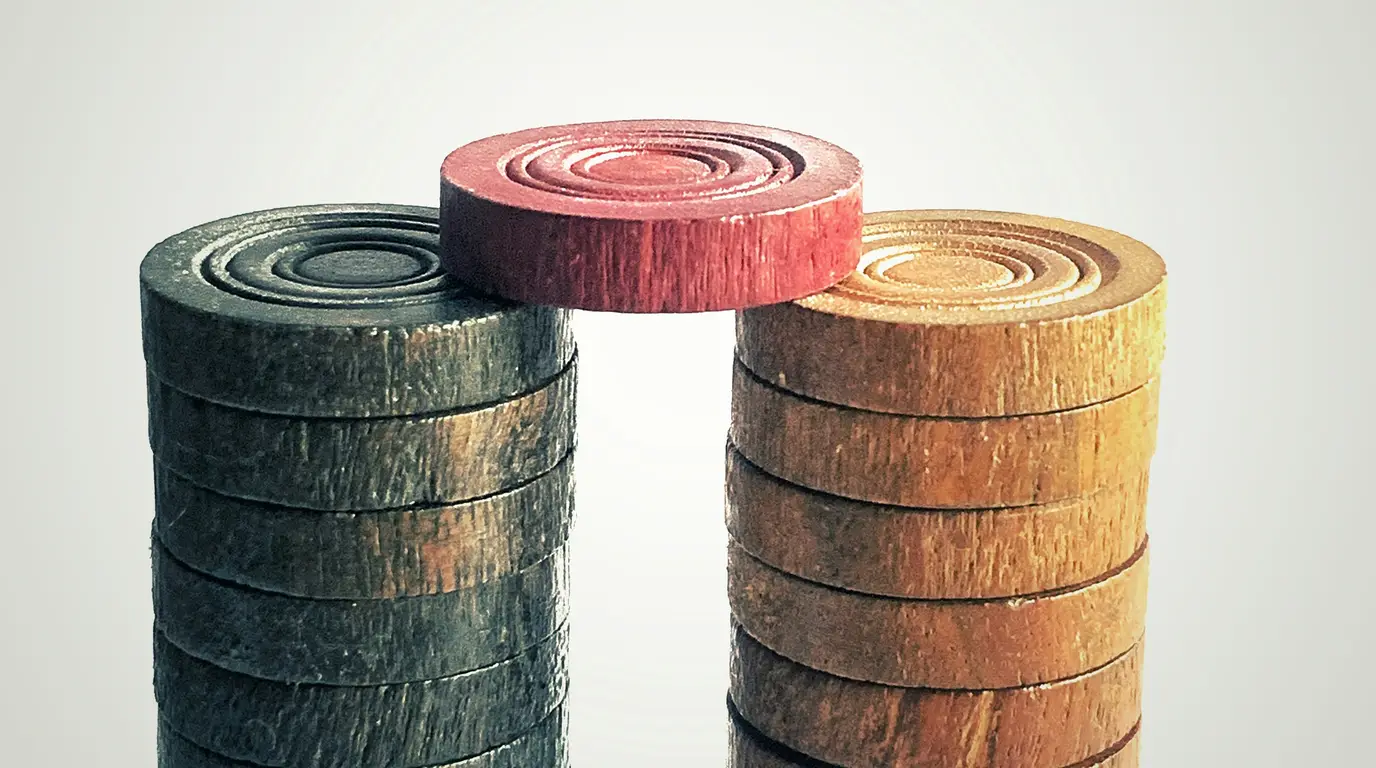 Two stacks of grooved wooden discs, one dark and one honey-coloured, bridged at the top by a single red disc on a plain grey ground.