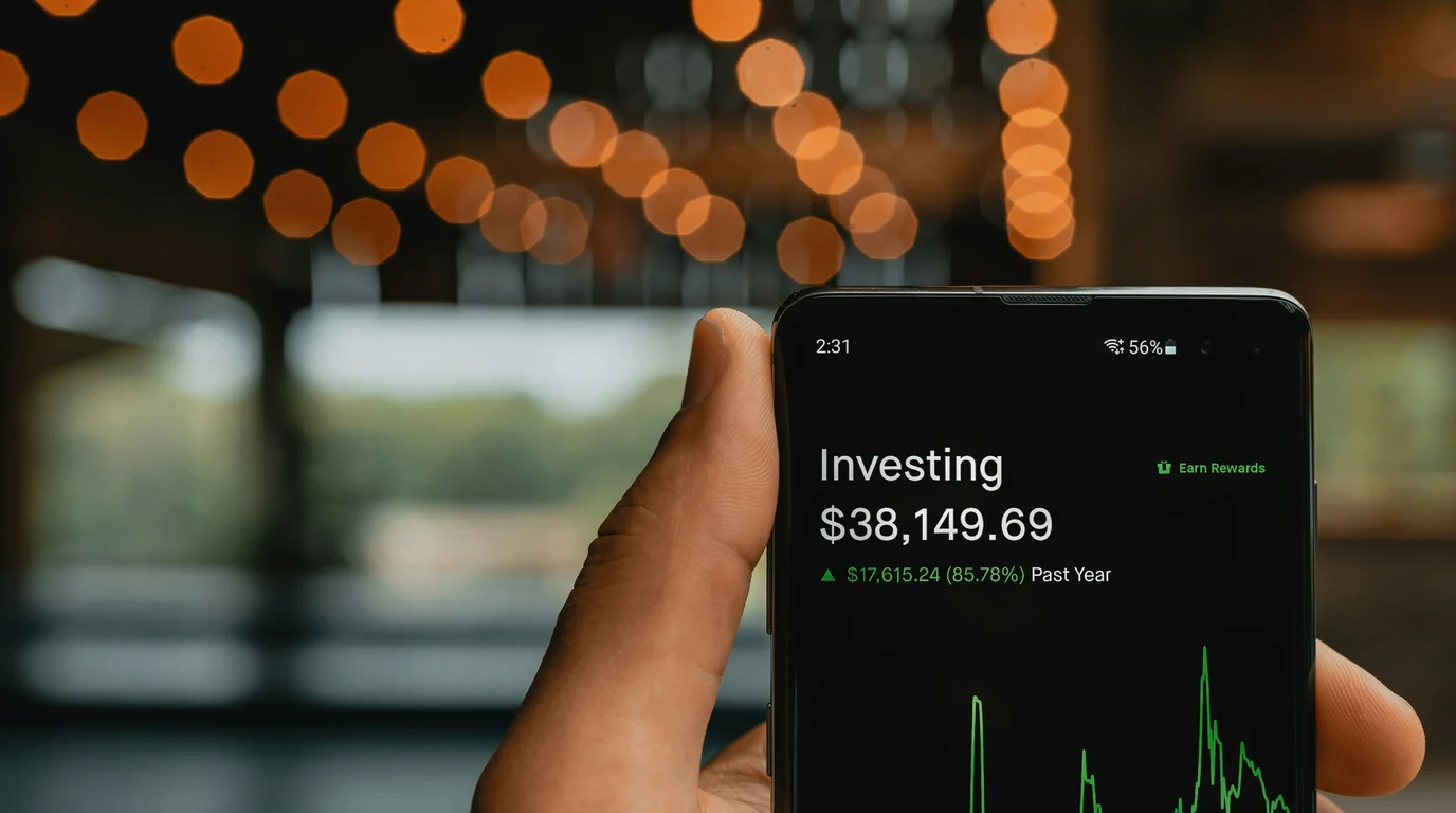A hand holding a phone whose dark screen shows a portfolio balance and green chart, warm bokeh lights strung behind.