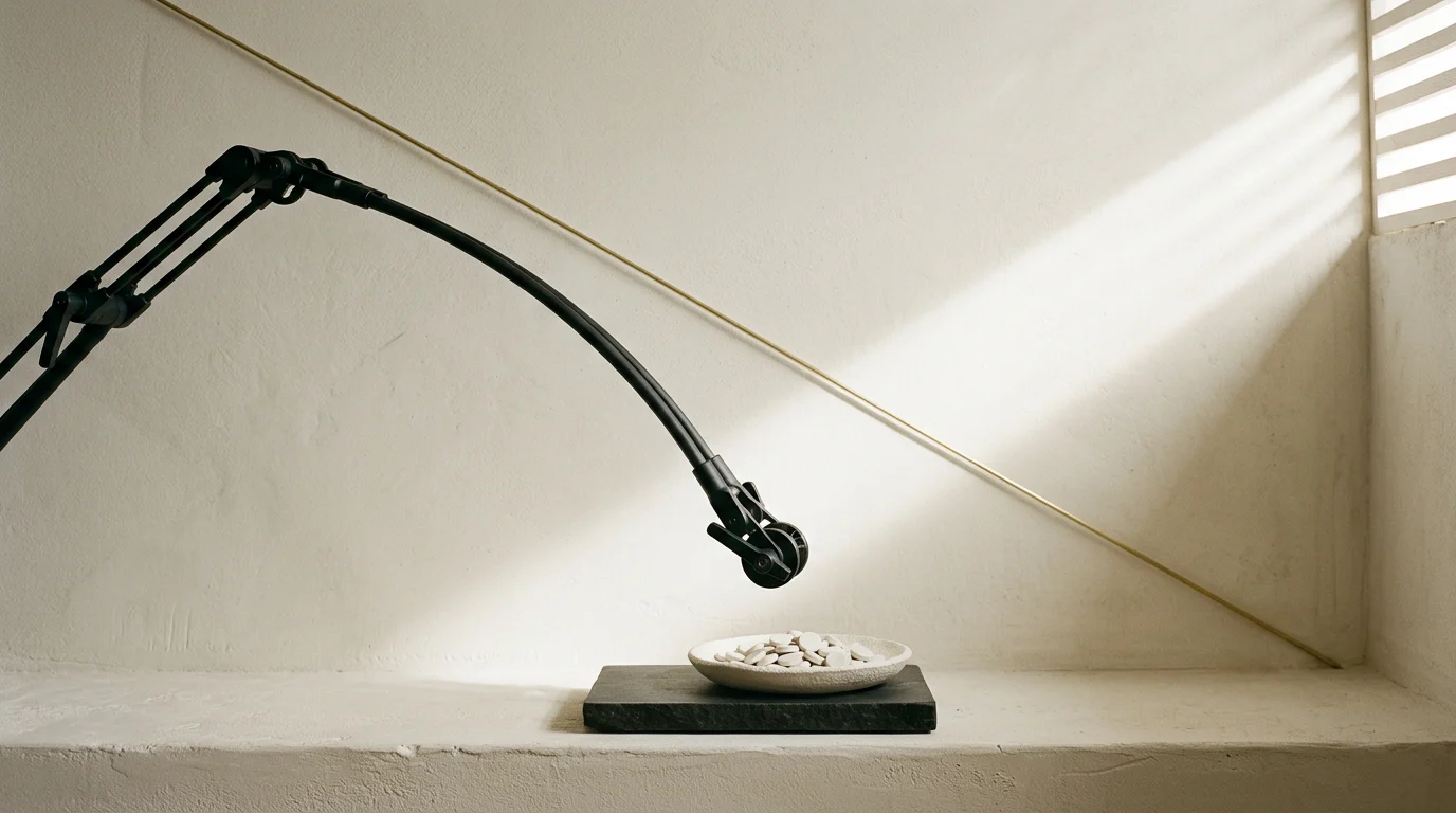A slender articulated black arm curving down over a shallow stone dish of pale discs, a slat of window light crossing the plaster wall behind.